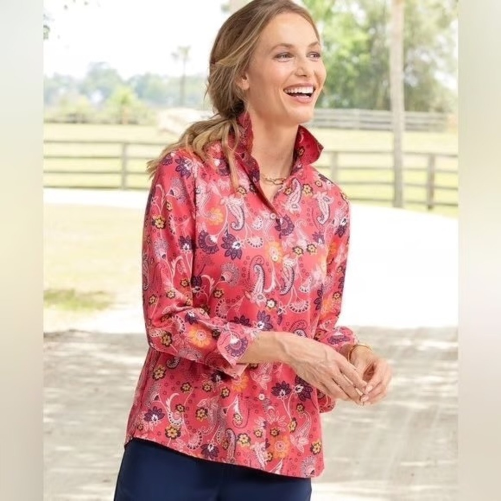 Foxcroft Appleseed's Autumn Paisley Non-Iron peppercorn Shirt top blouse button - Picture 5 of 5